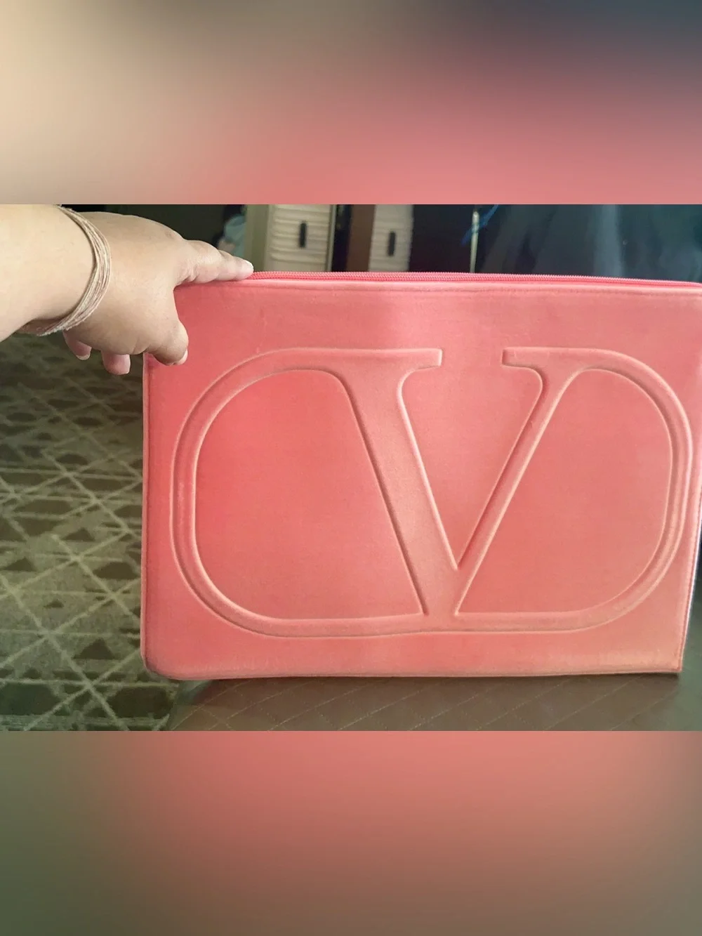 Valentino  Pink Embossed V Logo large Soft Velvet Laptop Sleeve